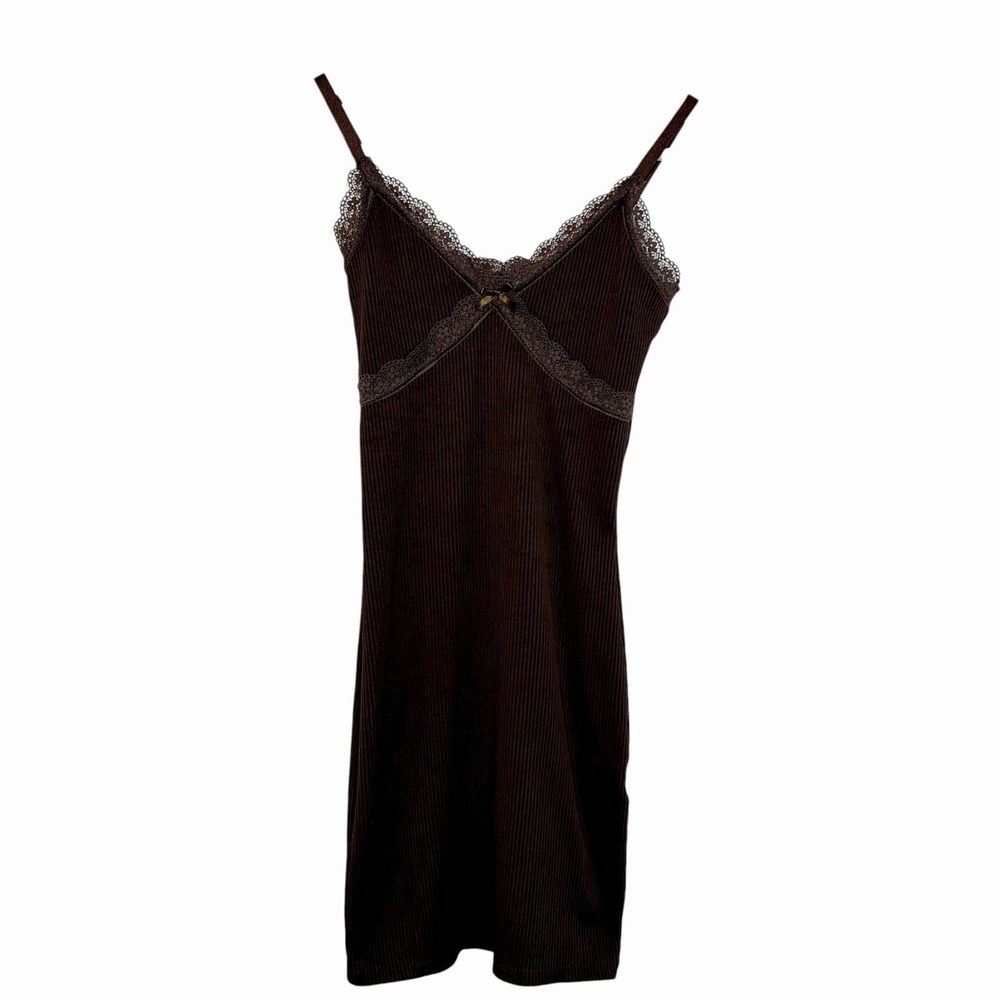 Y2K Babydoll Fitted Mini Dress Womens XS Bodycon Lace Trim Cami Tank Ribbed